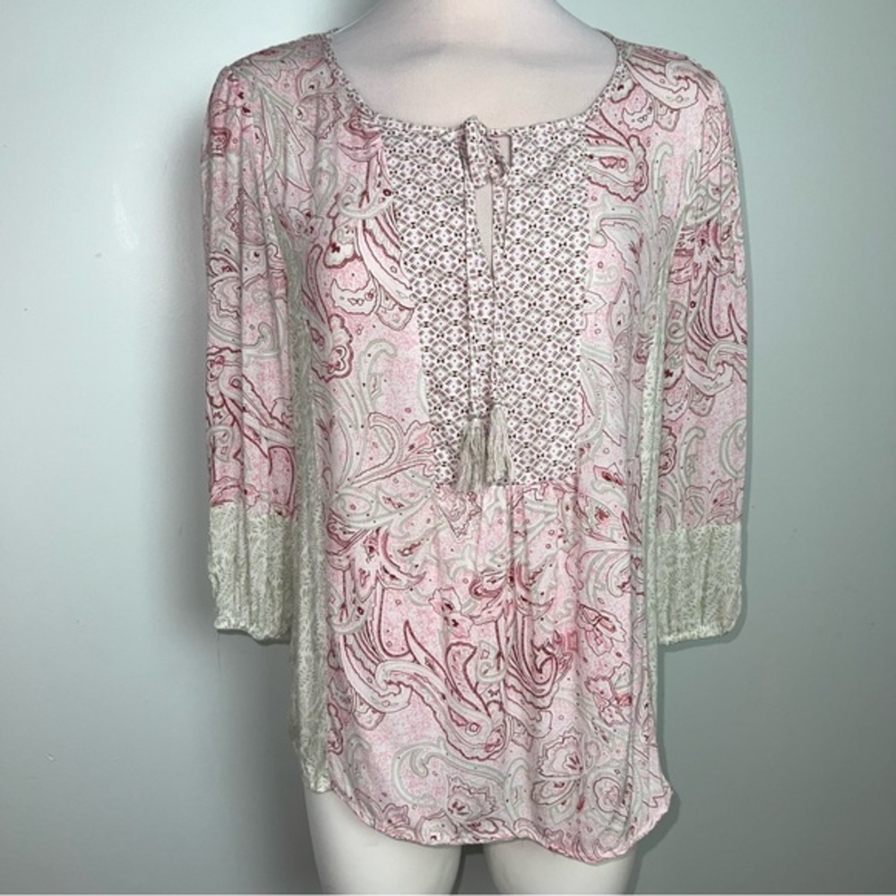 Rose & Thyme Pink Paisley Boho Peasant Blouse Women’s Large Tassel Tie Rayon Top